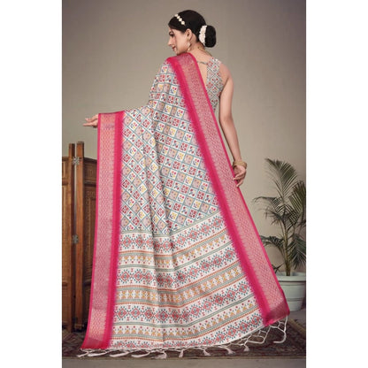 Generic Women's Cotton Silk  Printed Saree With Unstitched Blouse 5.5Mtr (Pink)