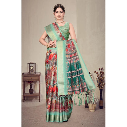 Generic Women's Cotton Silk  Printed Saree With Unstitched Blouse 5.5Mtr (Light Green)
