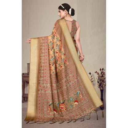 Generic Women's Cotton Silk  Printed Saree With Unstitched Blouse 5.5Mtr (Peach)