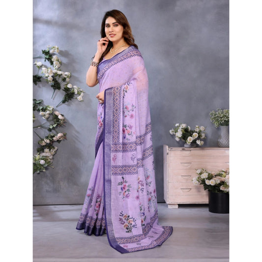 Generic Women's Linen Cotton  Printed Saree With Unstitched Blouse 5.5Mtr (Purple)