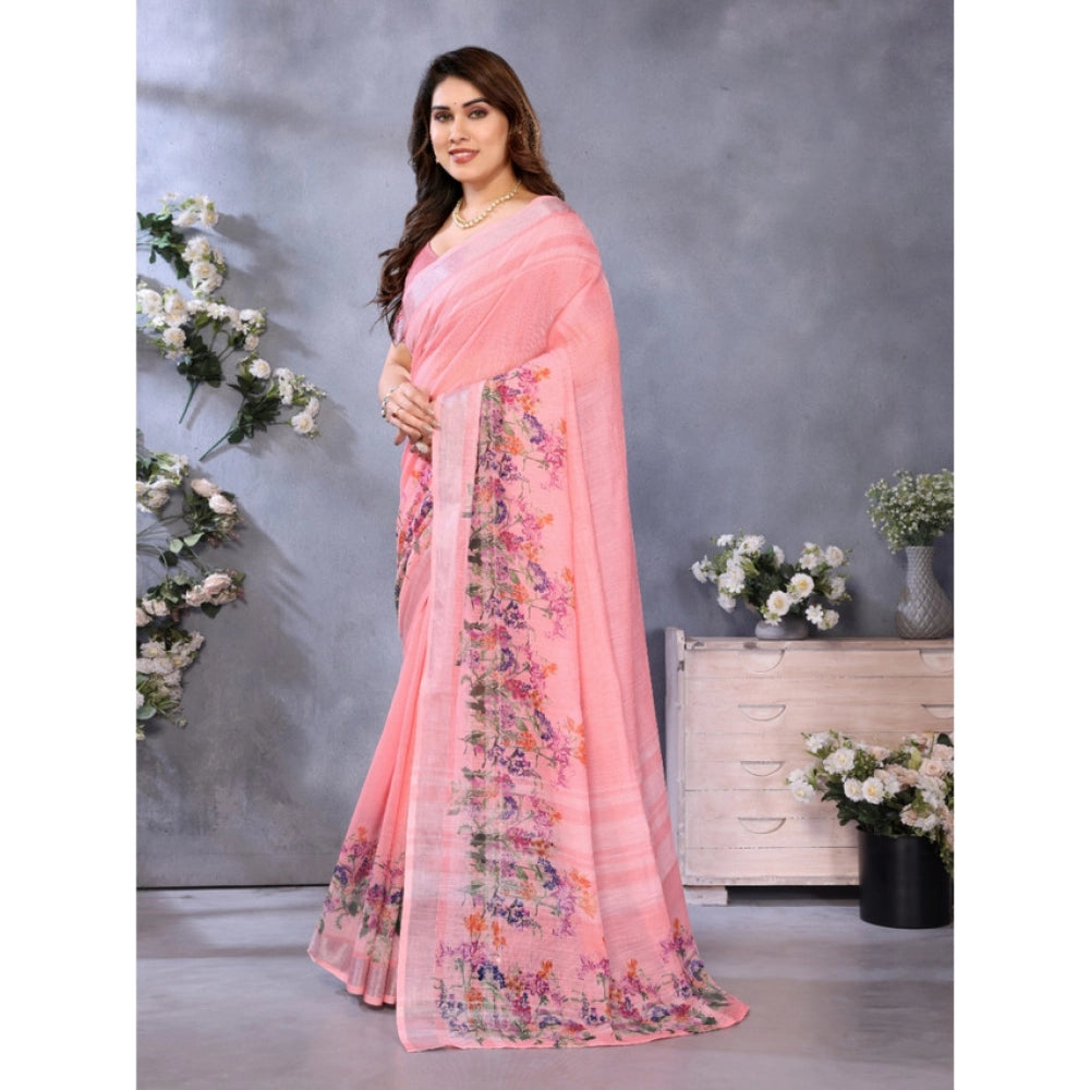 Generic Women's Linen Cotton  Printed Saree With Unstitched Blouse 5.5Mtr (Peach)