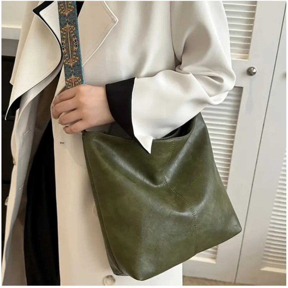 Women’s Beige PU Leather Handbag – Stylish Zipper Shoulder Tote Bag