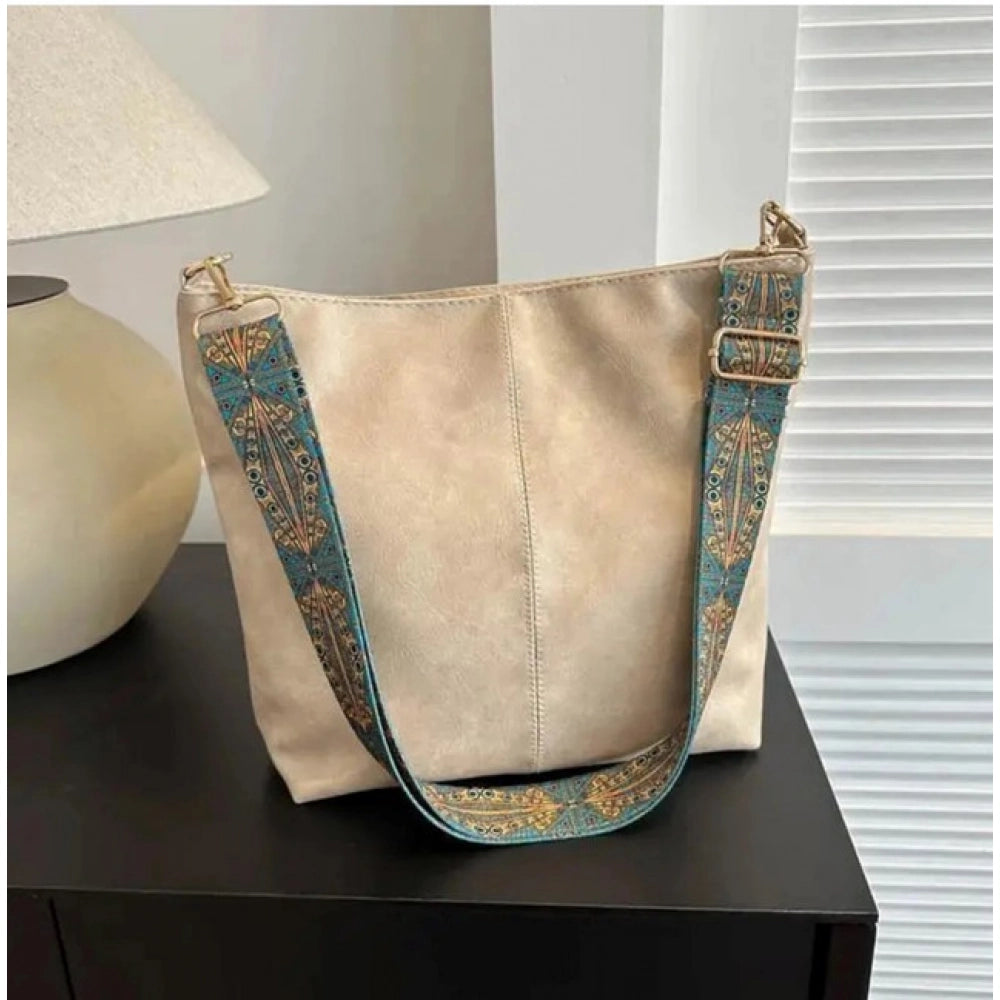 Women’s Beige PU Leather Handbag – Stylish Zipper Shoulder Tote Bag