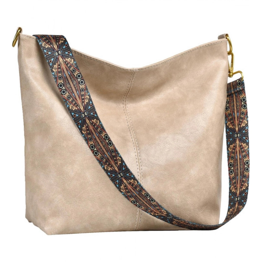 Women’s Beige PU Leather Handbag – Stylish Zipper Shoulder Tote Bag