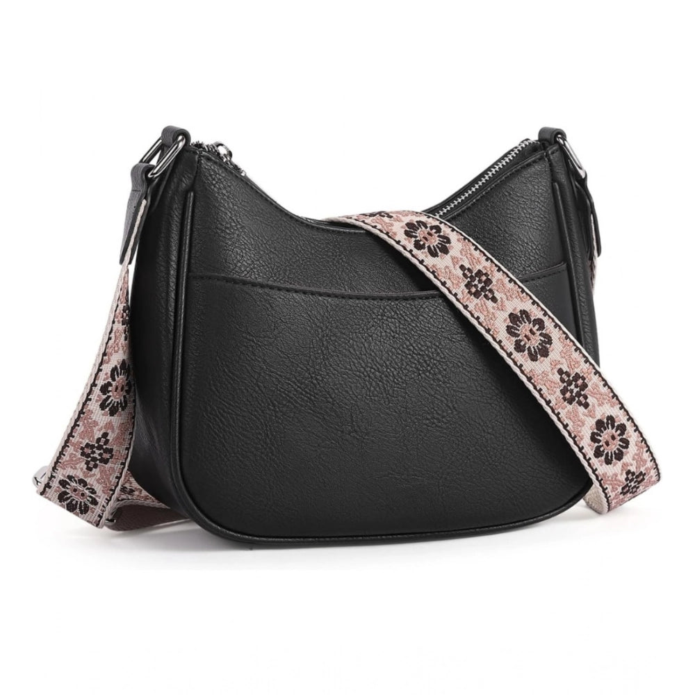 Women’s PU Leather Sling Bag with Floral Adjustable Strap – Beige Crossbody Shoulder Bag