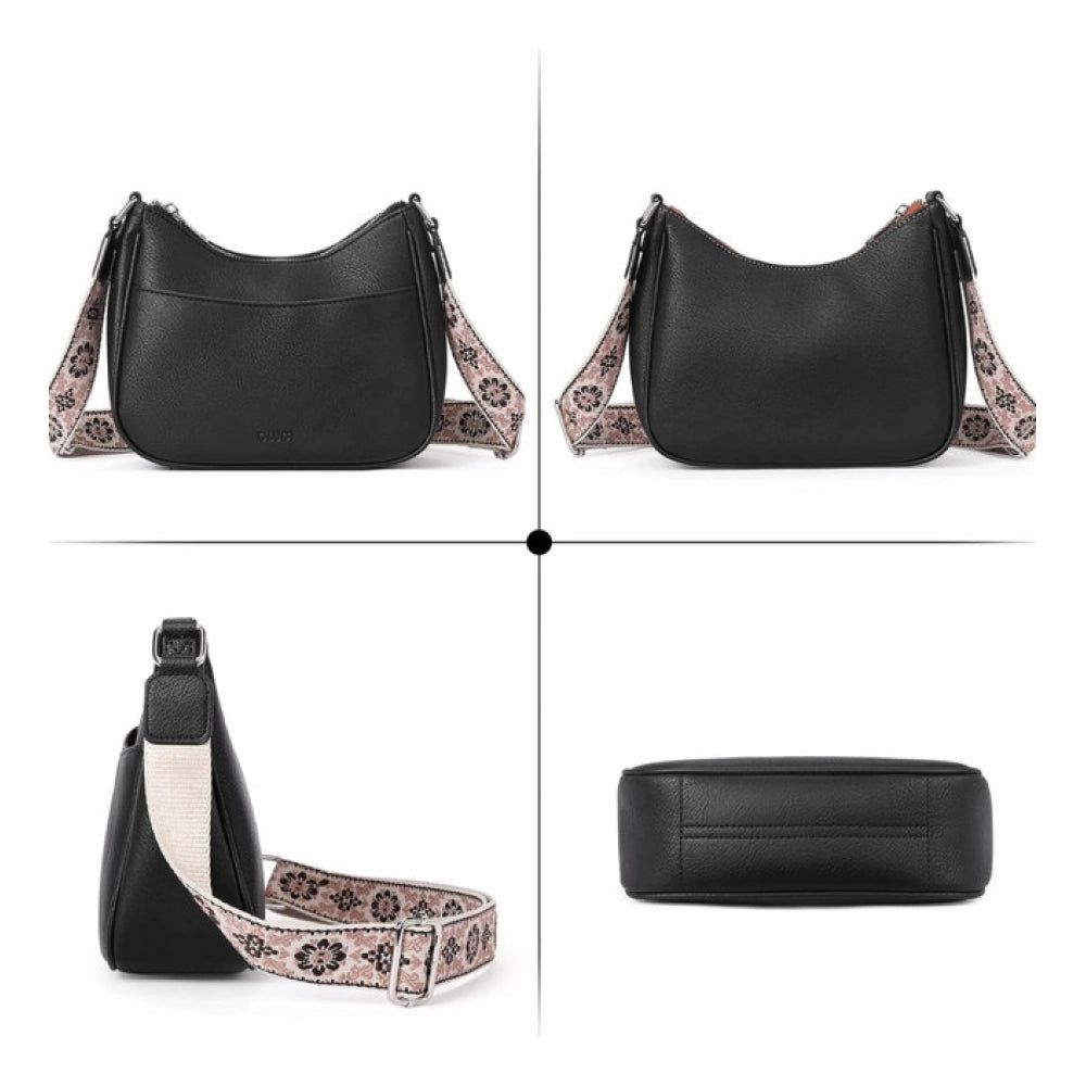 Women’s PU Leather Sling Bag with Floral Adjustable Strap – Beige Crossbody Shoulder Bag
