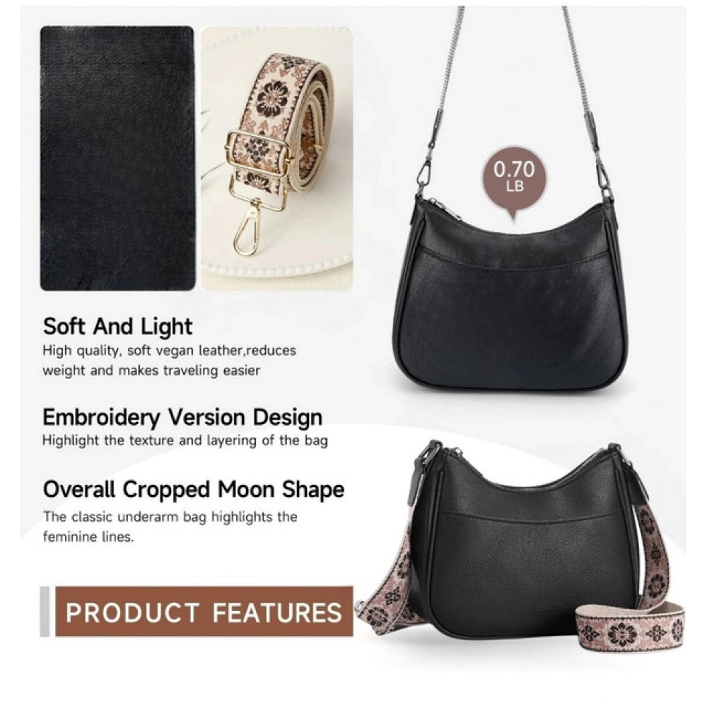 Women’s PU Leather Sling Bag with Floral Adjustable Strap – Beige Crossbody Shoulder Bag