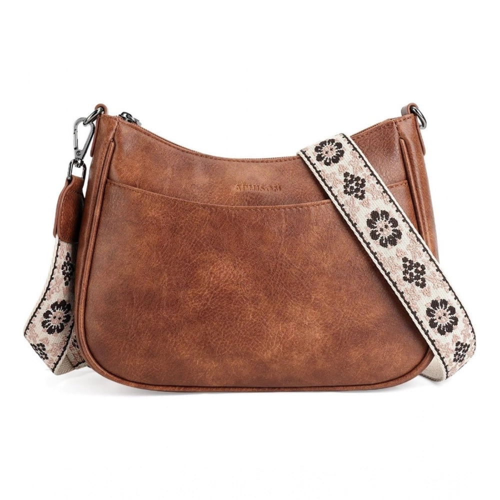 Women’s PU Leather Sling Bag with Floral Adjustable Strap – Beige Crossbody Shoulder Bag