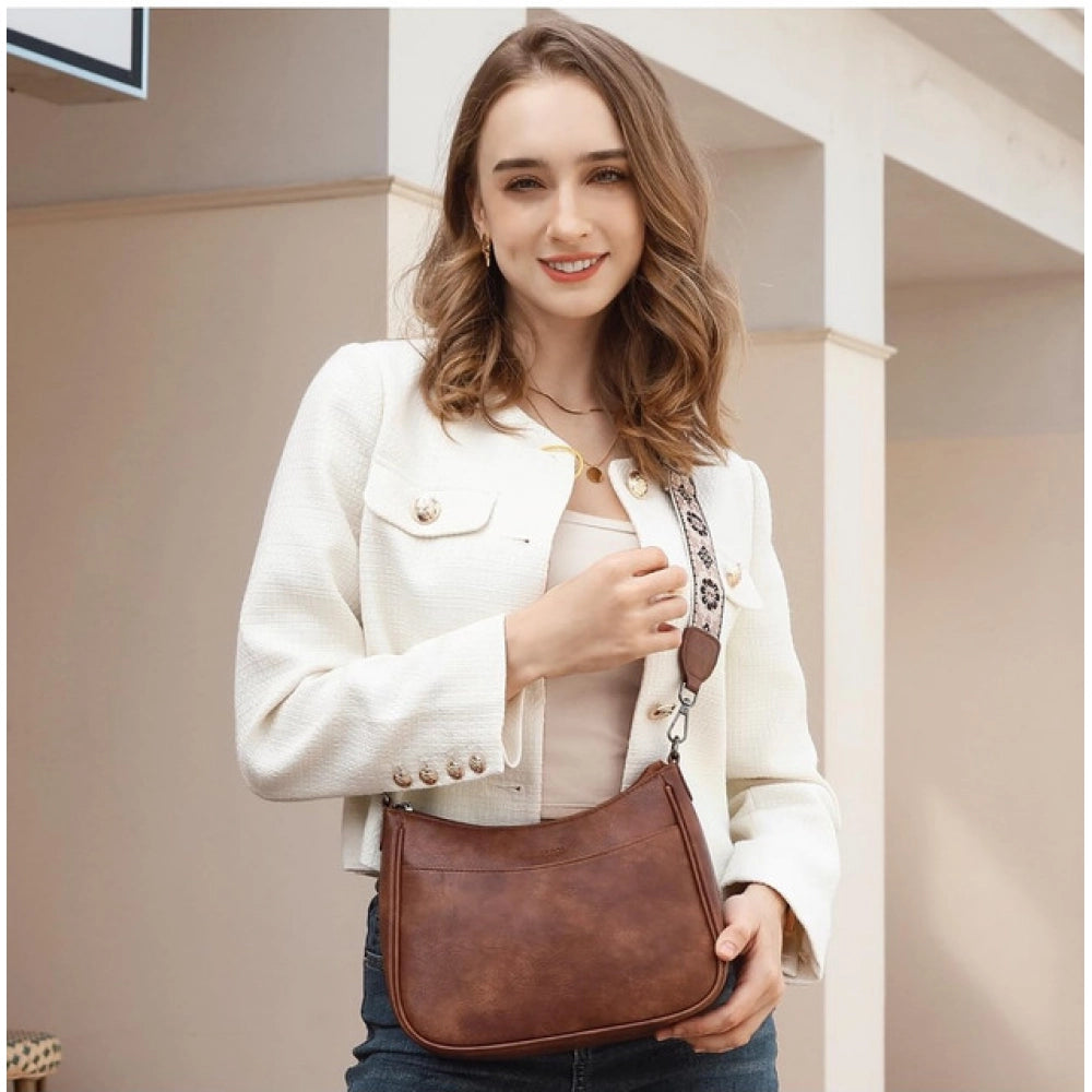 Women’s PU Leather Sling Bag with Floral Adjustable Strap – Beige Crossbody Shoulder Bag