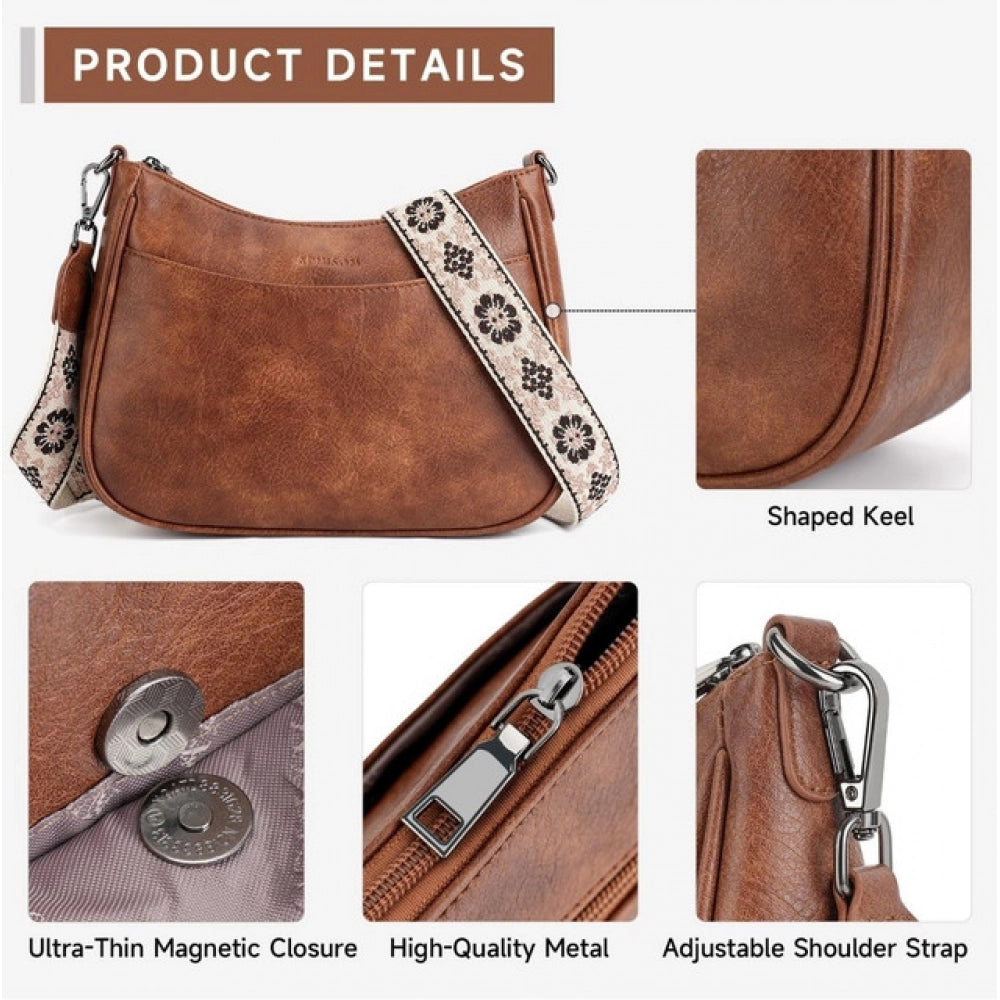 Women’s PU Leather Sling Bag with Floral Adjustable Strap – Beige Crossbody Shoulder Bag