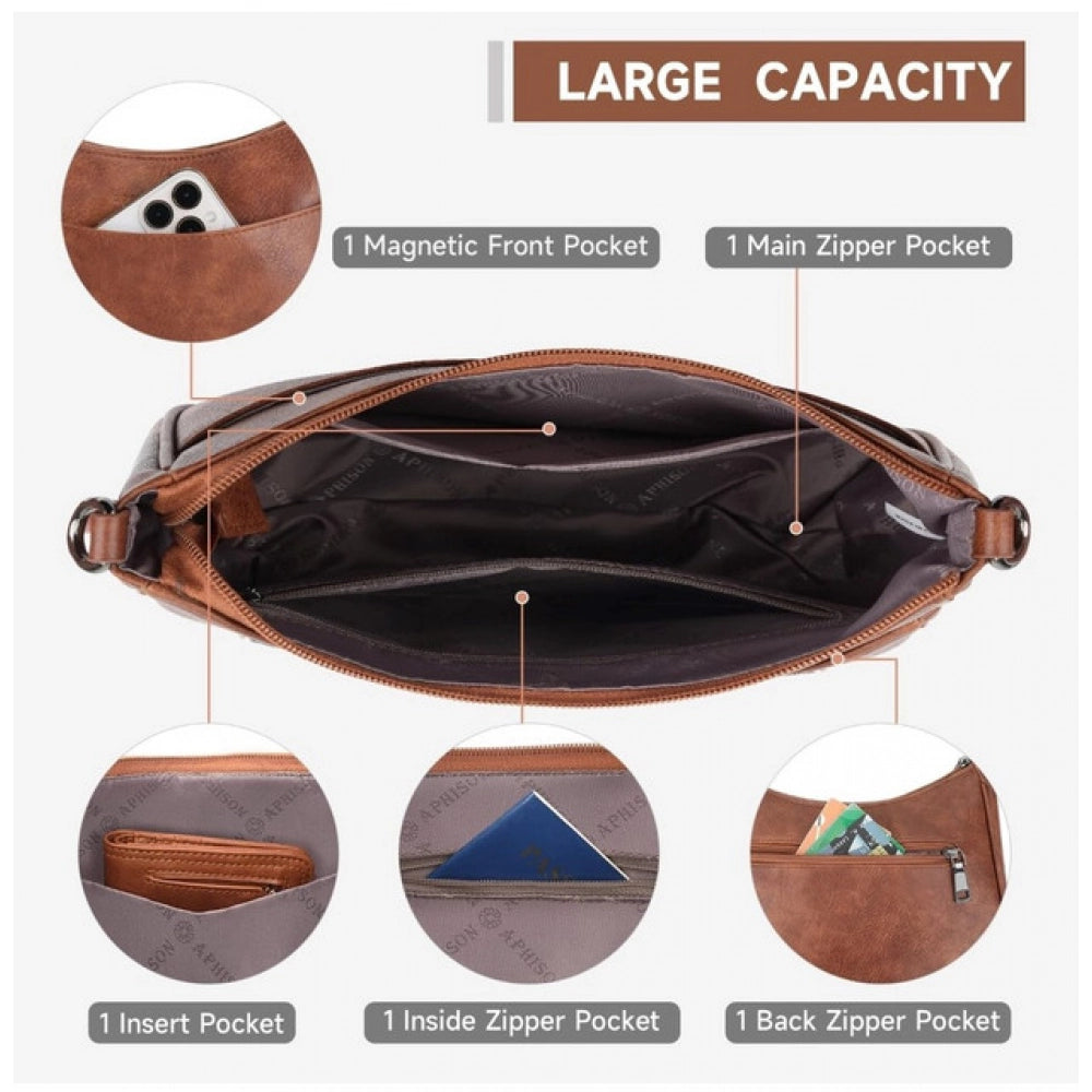 Women’s PU Leather Sling Bag with Floral Adjustable Strap – Beige Crossbody Shoulder Bag