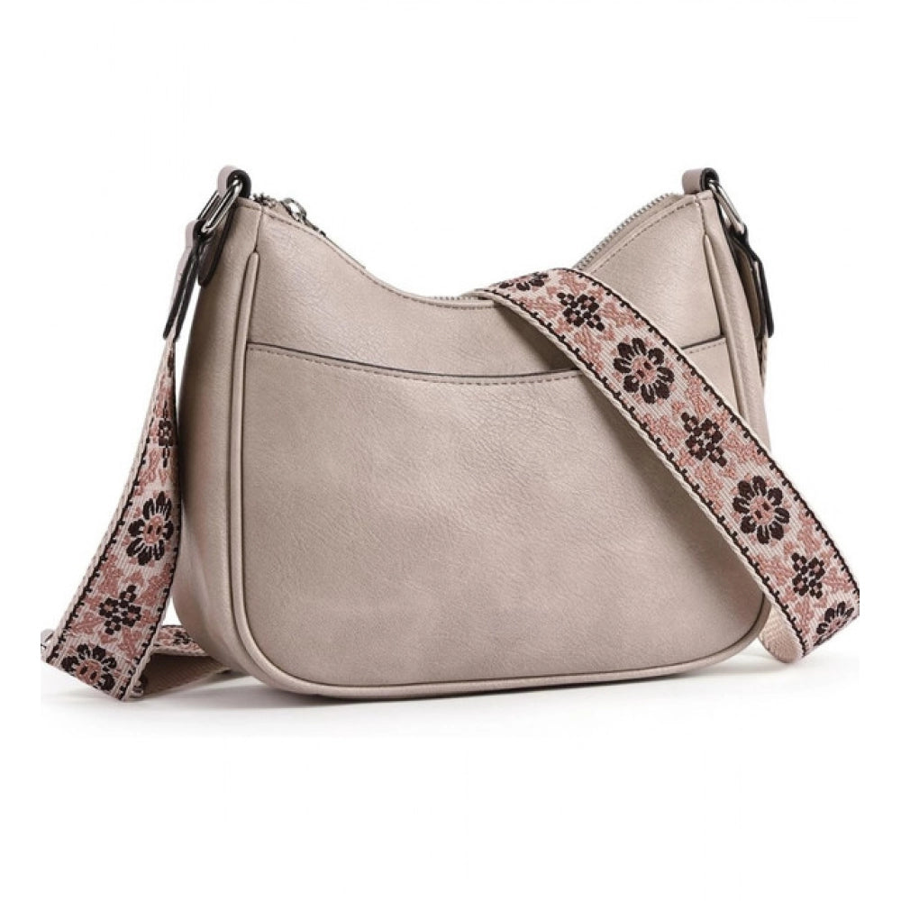 Women’s PU Leather Sling Bag with Floral Adjustable Strap – Beige Crossbody Shoulder Bag