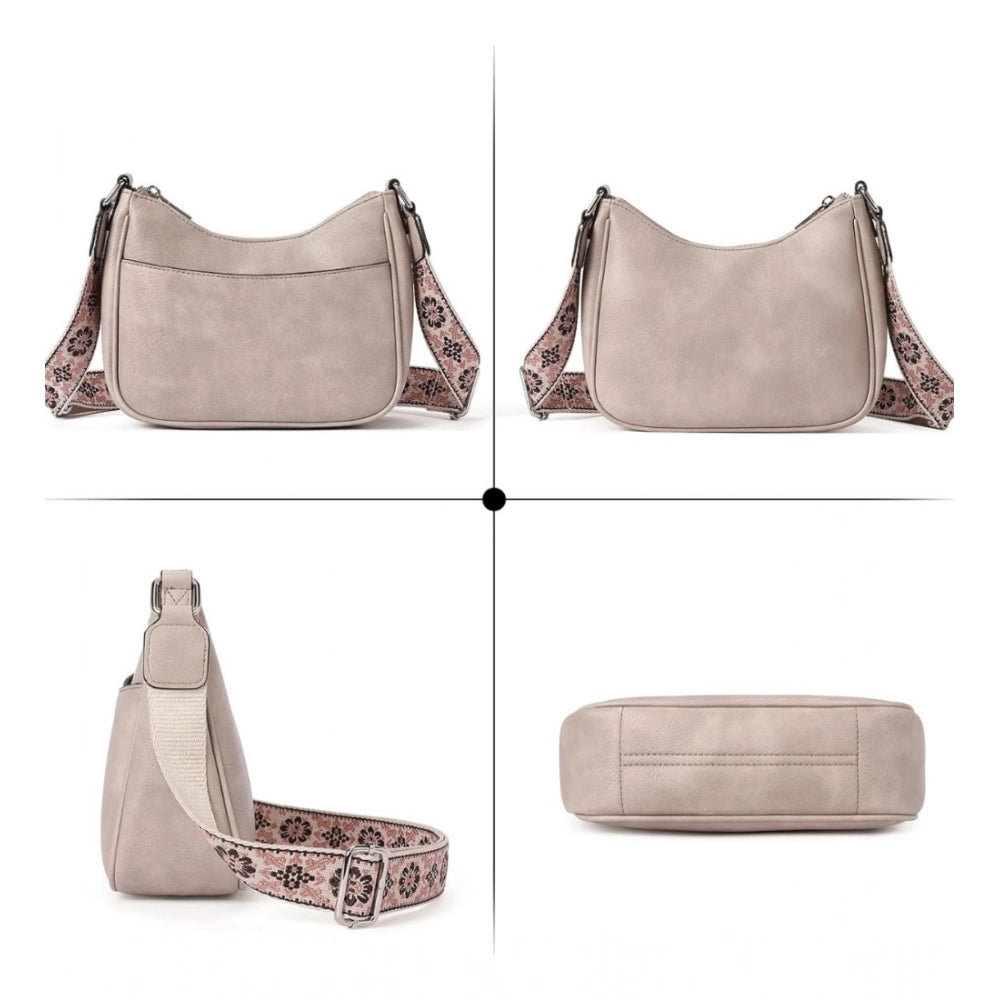 Women’s PU Leather Sling Bag with Floral Adjustable Strap – Beige Crossbody Shoulder Bag