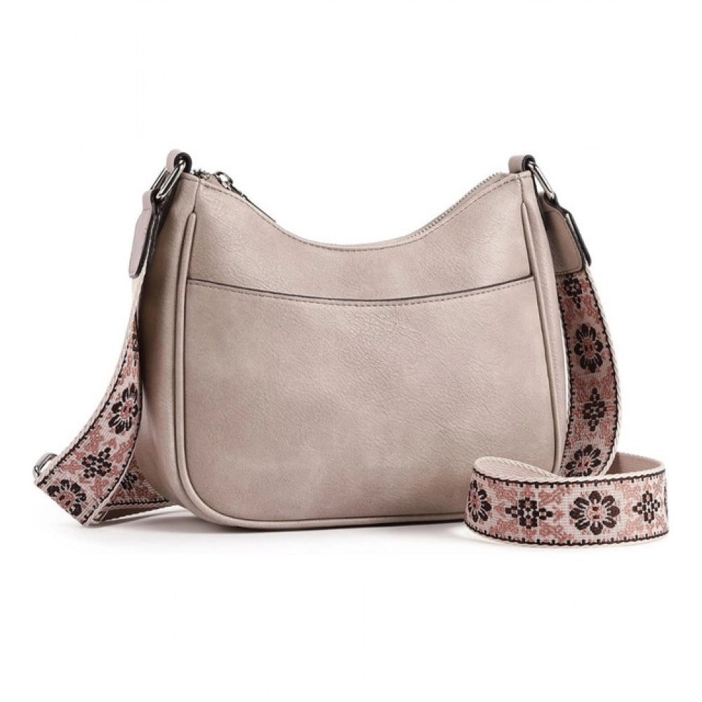 Women’s PU Leather Sling Bag with Floral Adjustable Strap – Beige Crossbody Shoulder Bag