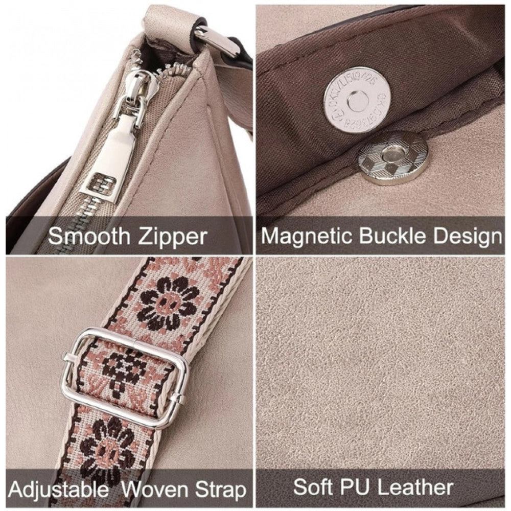 Women’s PU Leather Sling Bag with Floral Adjustable Strap – Beige Crossbody Shoulder Bag