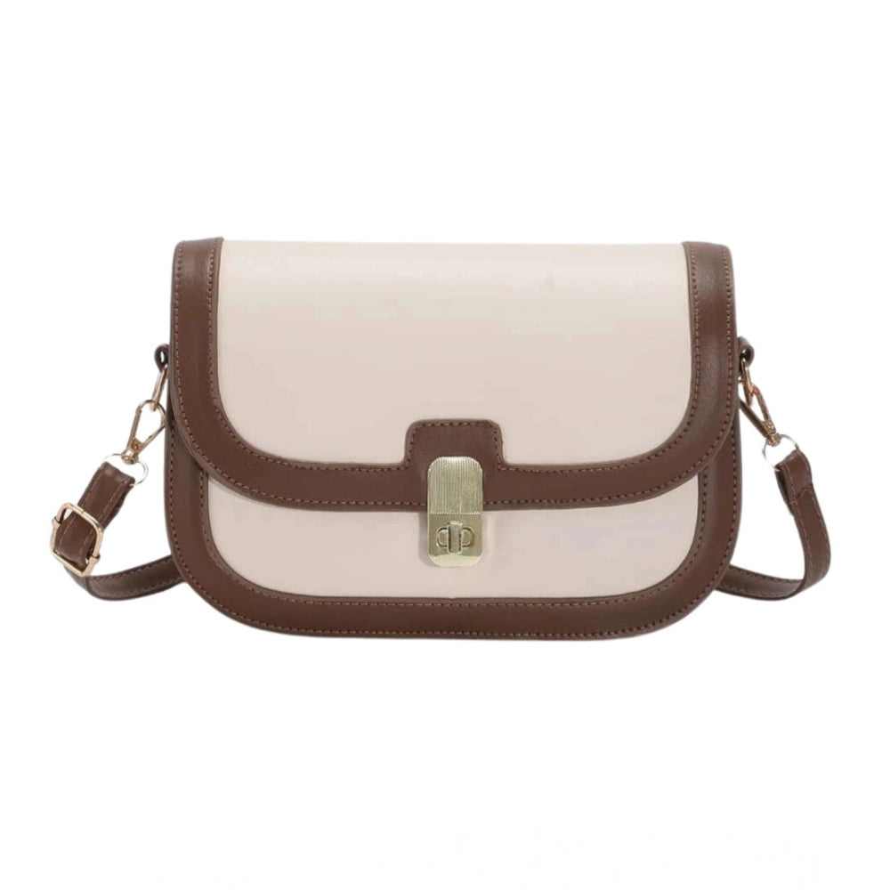Women’s Beige PU Leather Sling Bag – Elegant Flap Crossbody Shoulder Bag