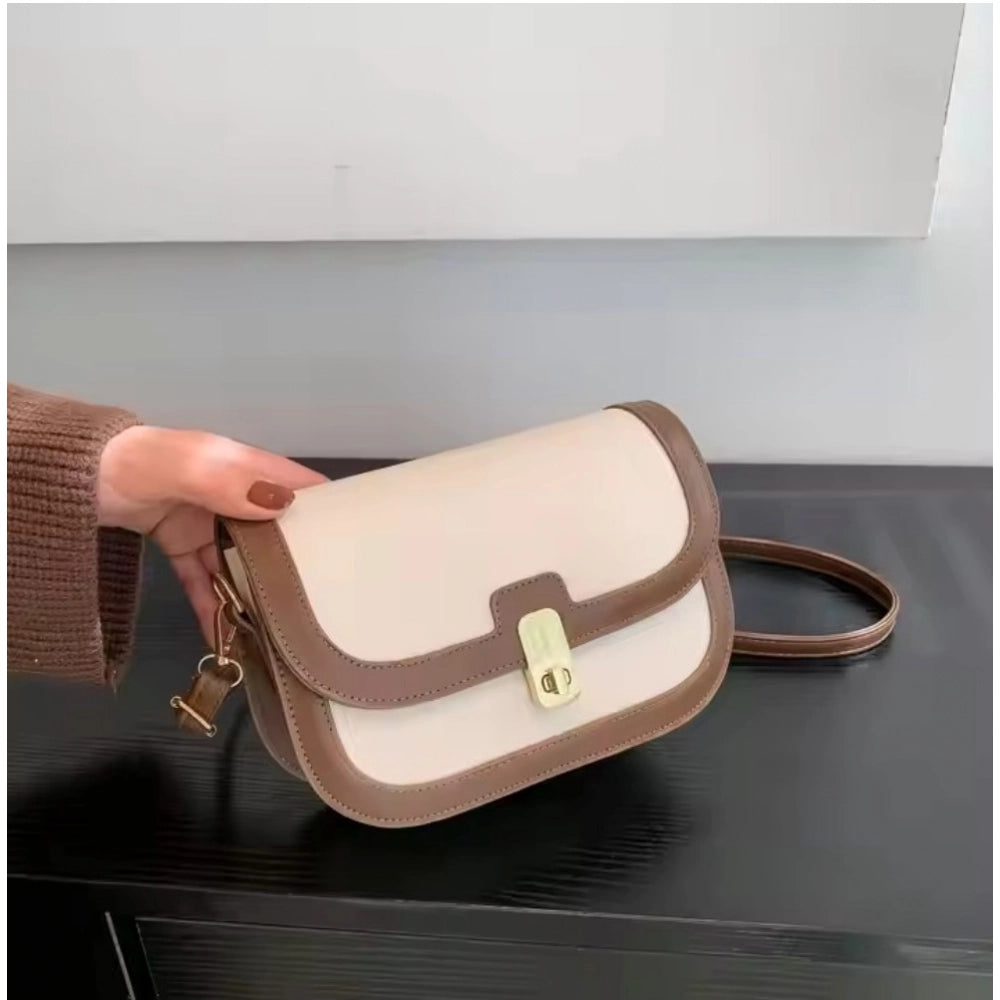 Women’s Beige PU Leather Sling Bag – Elegant Flap Crossbody Shoulder Bag