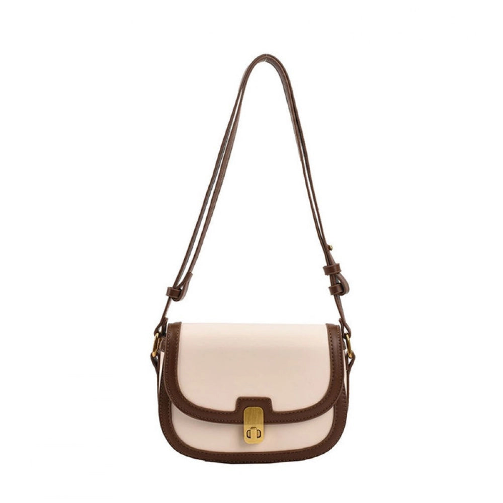 Women’s Beige PU Leather Sling Bag – Elegant Flap Crossbody Shoulder Bag
