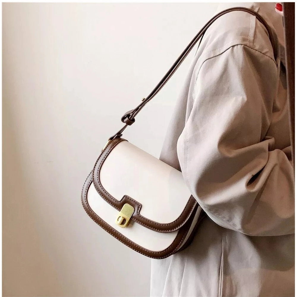 Women’s Beige PU Leather Sling Bag – Elegant Flap Crossbody Shoulder Bag