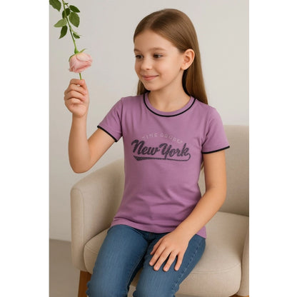 Generic Girl's Cotton Printeded Round Neck T-Shirt (Lavander)