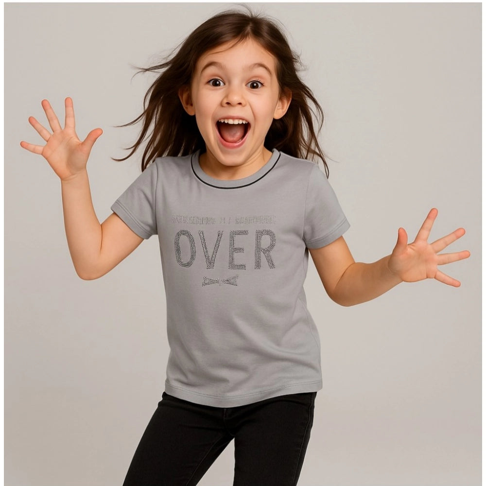 Generic Girl's Cotton Printeded Round Neck T-Shirt (Grey)
