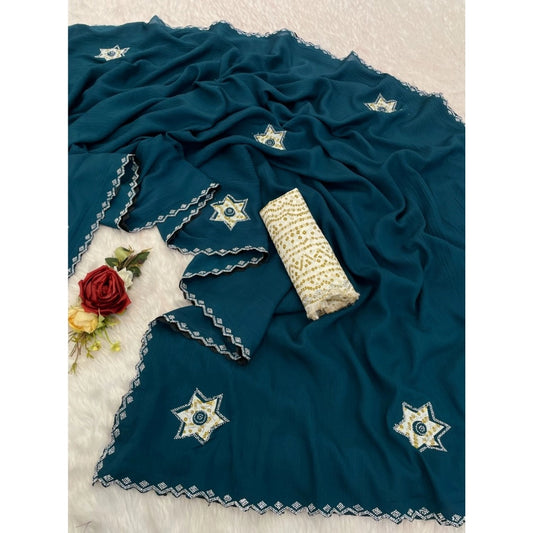 Generic Women's Chiffon Butti Dotted Saree With Unstitched Blouse 5.5Mtr (Blue)