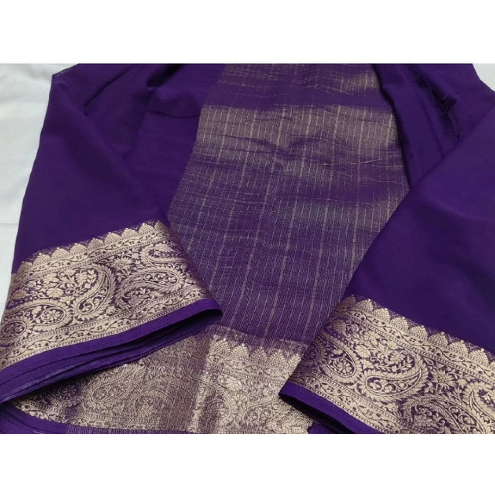 Generic Women's Crepe Chit Pallu Solid Saree With Unstitched Blouse 5.5Mtr (Purple)