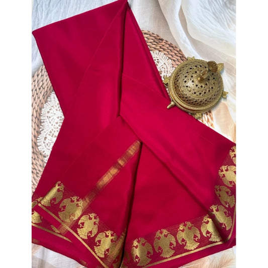 Generic Women's Crepe Chit Pallu Solid Saree With Unstitched Blouse 5.5Mtr (Red)