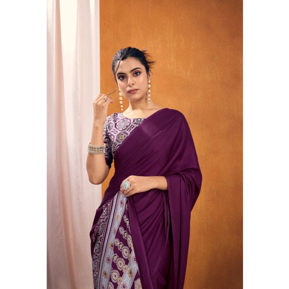 Generic Women's Satin Crepe Printed Saree With Unstitched Blouse 5.5Mtr (Purple)