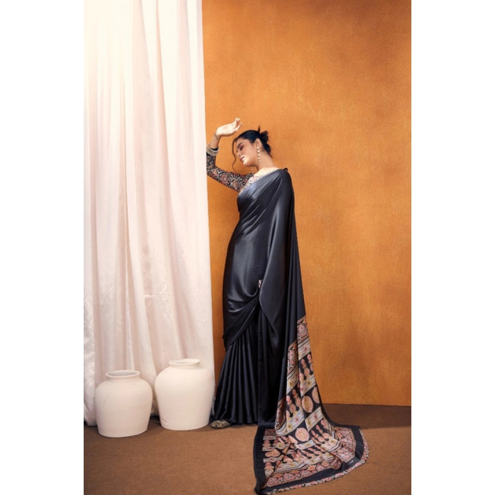 Generic Women's Satin Crepe Printed Saree With Unstitched Blouse 5.5Mtr (Black)