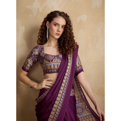 Generic Women's Satin Crepe Printed Saree With Unstitched Blouse 5.5Mtr (Purple)