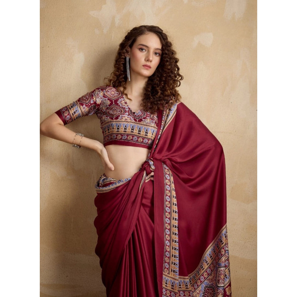 Generic Women's Satin Crepe Printed Saree With Unstitched Blouse 5.5Mtr (Maroon)