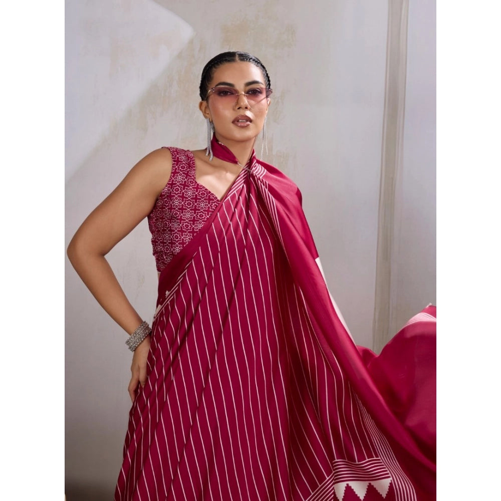 Generic Women's Satin Crepe Printed Saree With Unstitched Blouse 5.5Mtr (Maroon)