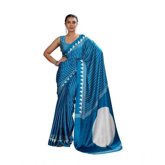 Generic Women's Satin Crepe Printed Saree With Unstitched Blouse 5.5Mtr (Rama Blue)