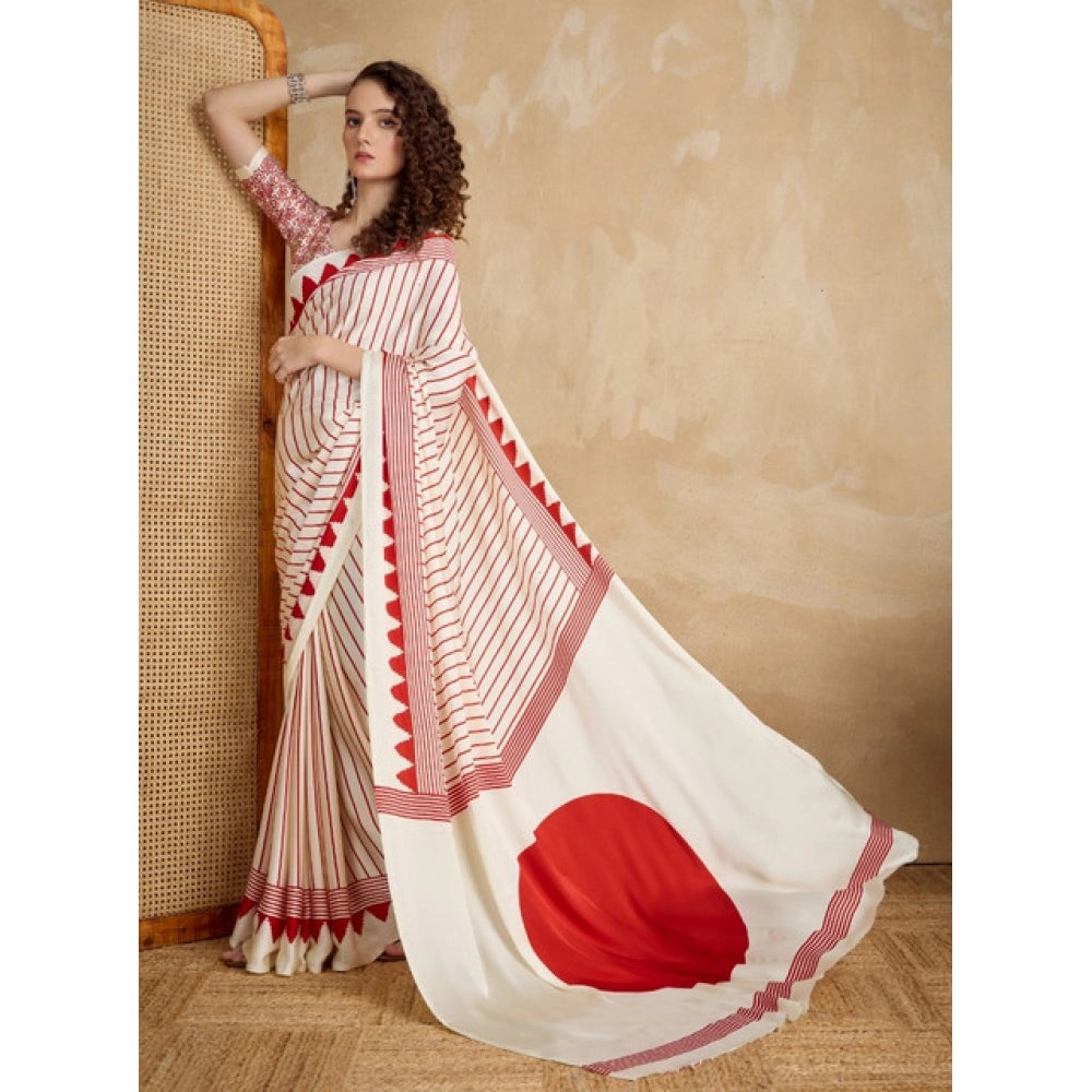 Generic Women's Satin Crepe Printed Saree With Unstitched Blouse 5.5Mtr (Off White)