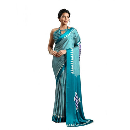 Generic Women's Satin Crepe Printed Saree With Unstitched Blouse 5.5Mtr (Rama Blue)