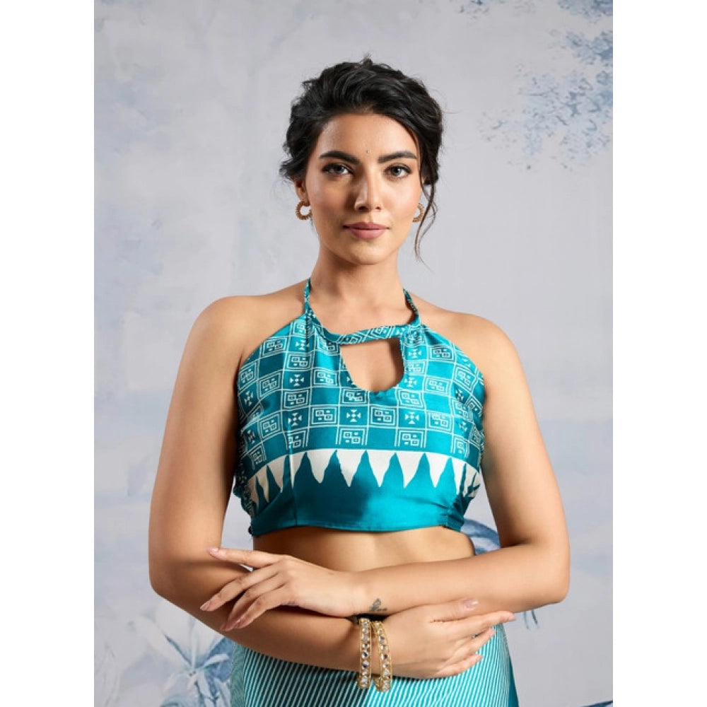 Generic Women's Satin Crepe Printed Saree With Unstitched Blouse 5.5Mtr (Rama Blue)
