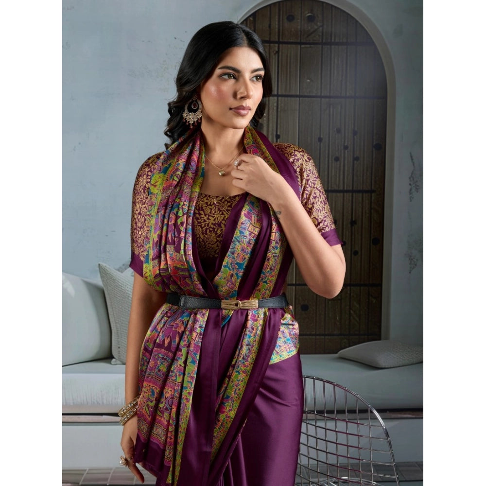Generic Women's Satin Crepe Printed Saree With Unstitched Blouse 5.5Mtr (Purple)