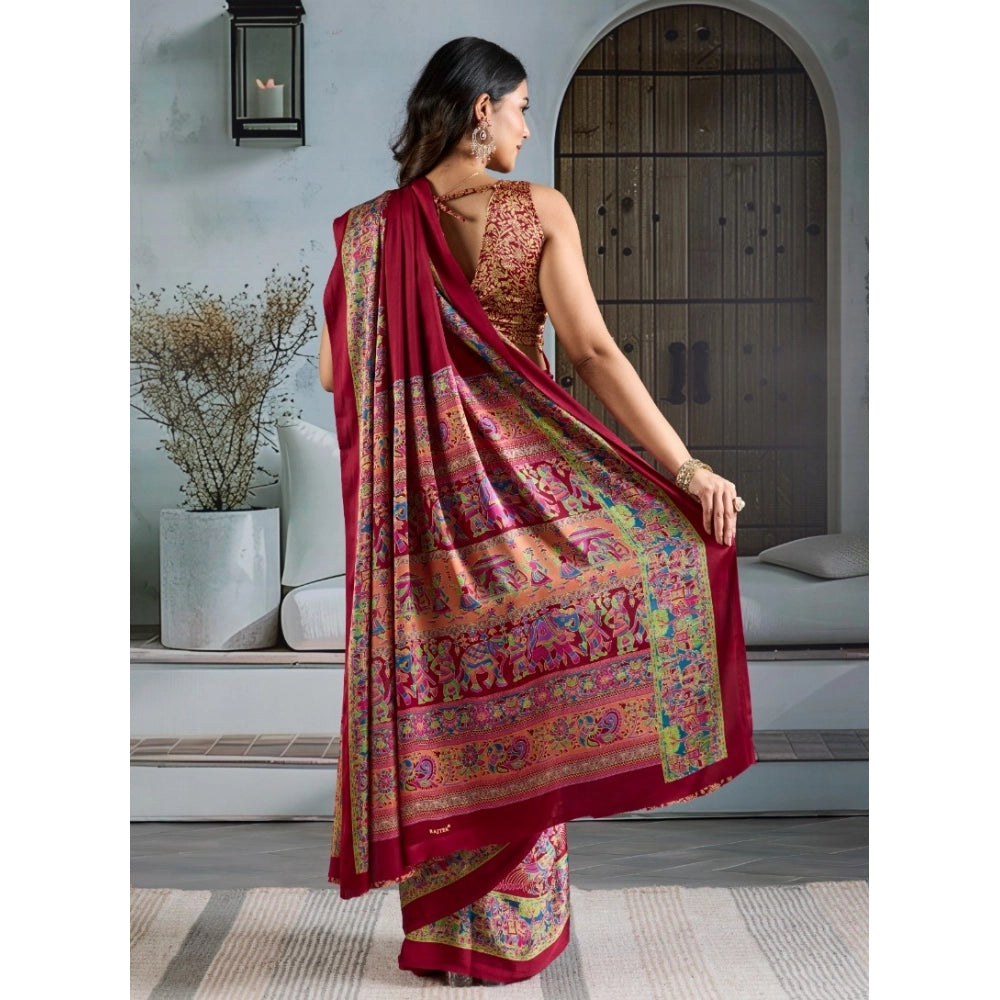 Generic Women's Satin Crepe Printed Saree With Unstitched Blouse 5.5Mtr (Maroon)