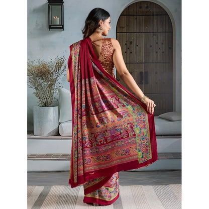 Generic Women's Satin Crepe Printed Saree With Unstitched Blouse 5.5Mtr (Maroon)