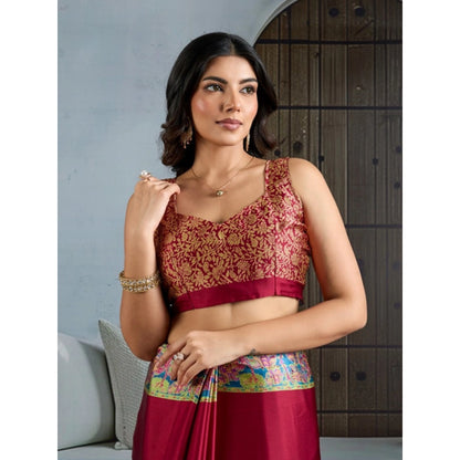 Generic Women's Satin Crepe Printed Saree With Unstitched Blouse 5.5Mtr (Maroon)