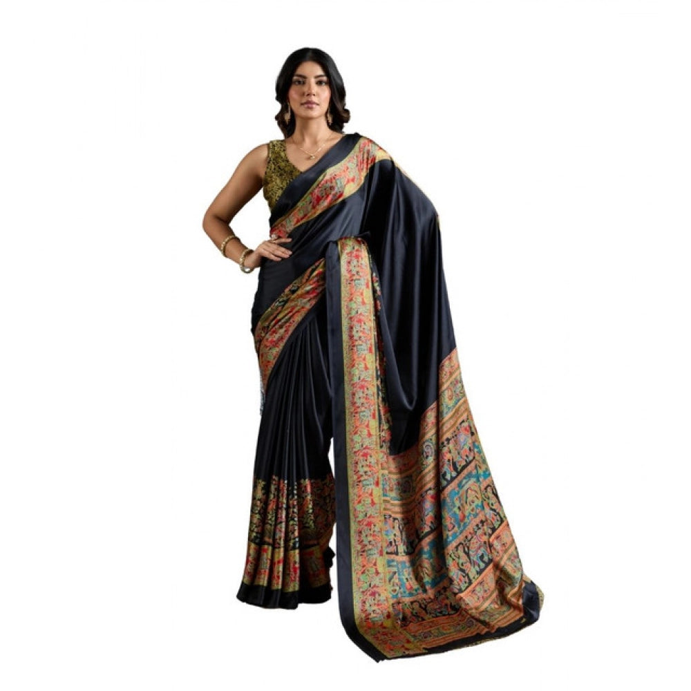 Generic Women's Satin Crepe Printed Saree With Unstitched Blouse 5.5Mtr (Blue)