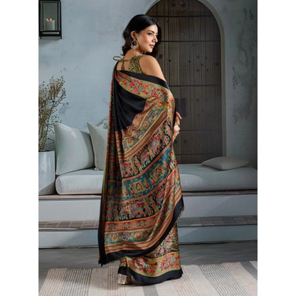 Generic Women's Satin Crepe Printed Saree With Unstitched Blouse 5.5Mtr (Blue)