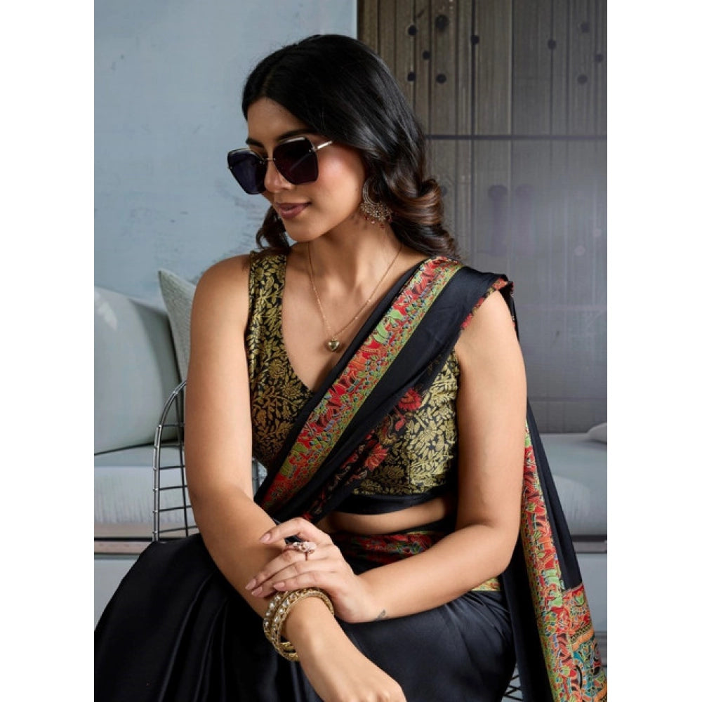 Generic Women's Satin Crepe Printed Saree With Unstitched Blouse 5.5Mtr (Blue)