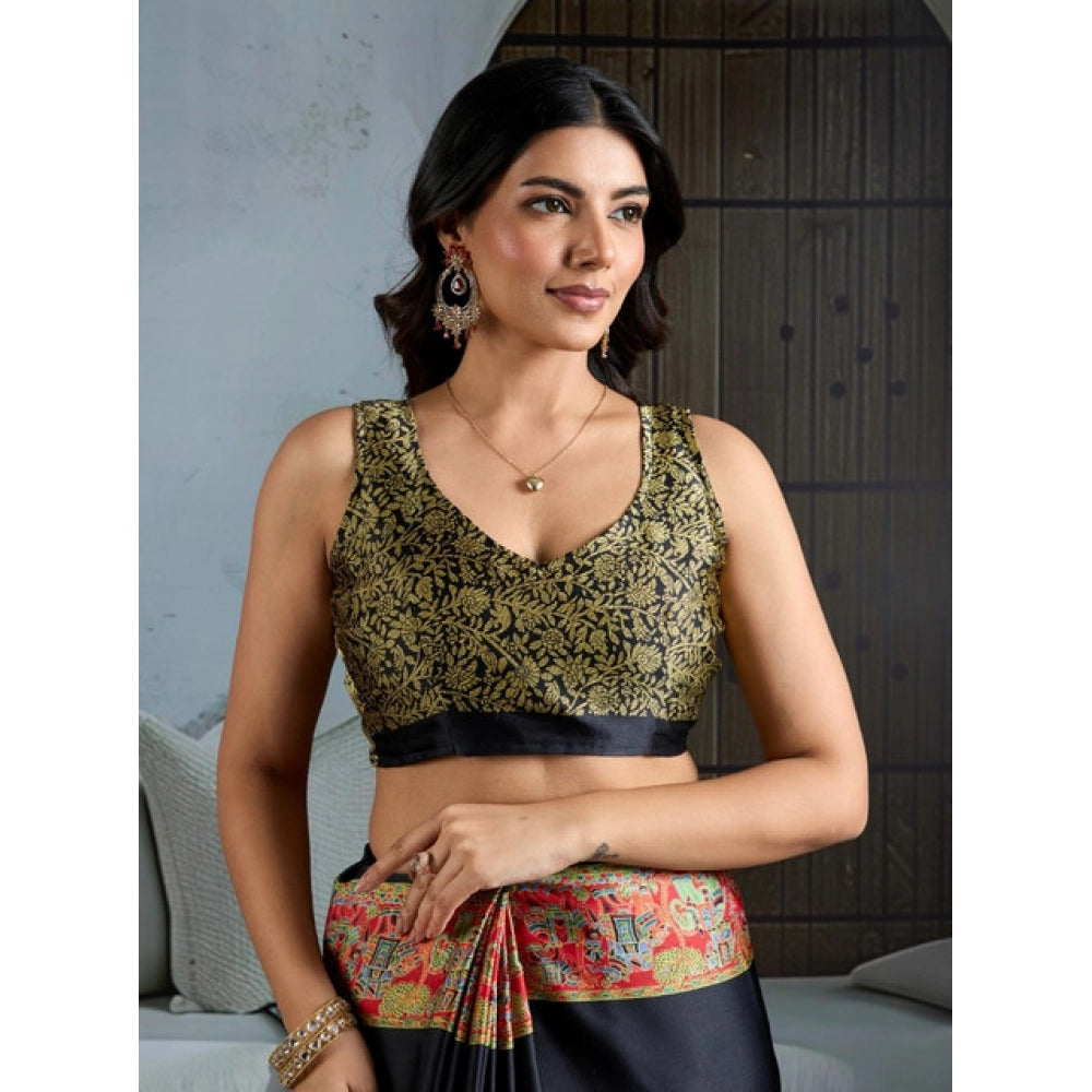 Generic Women's Satin Crepe Printed Saree With Unstitched Blouse 5.5Mtr (Blue)
