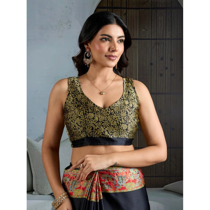 Generic Women's Satin Crepe Printed Saree With Unstitched Blouse 5.5Mtr (Blue)