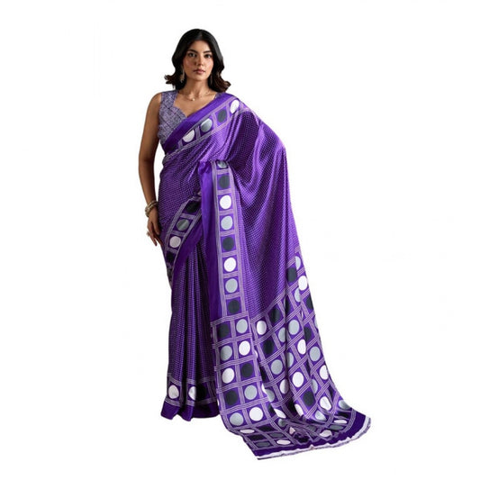 Generic Women's Satin Crepe Printed Saree With Unstitched Blouse 5.5Mtr (Purple)