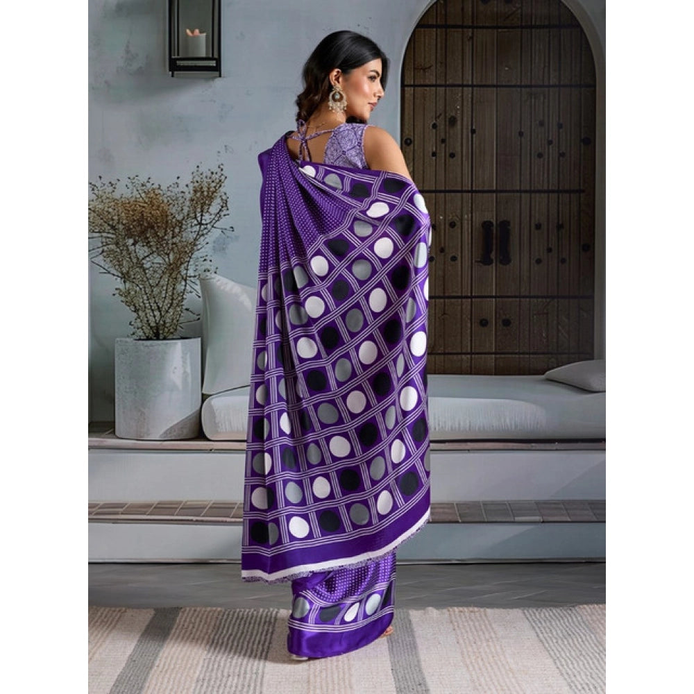 Generic Women's Satin Crepe Printed Saree With Unstitched Blouse 5.5Mtr (Purple)