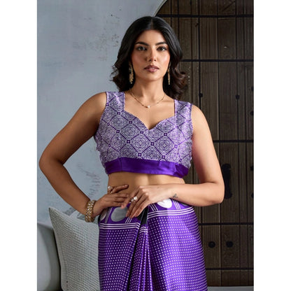 Generic Women's Satin Crepe Printed Saree With Unstitched Blouse 5.5Mtr (Purple)