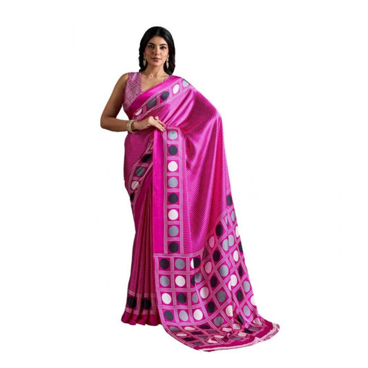 Generic Women's Satin Crepe Printed Saree With Unstitched Blouse 5.5Mtr (Pink)